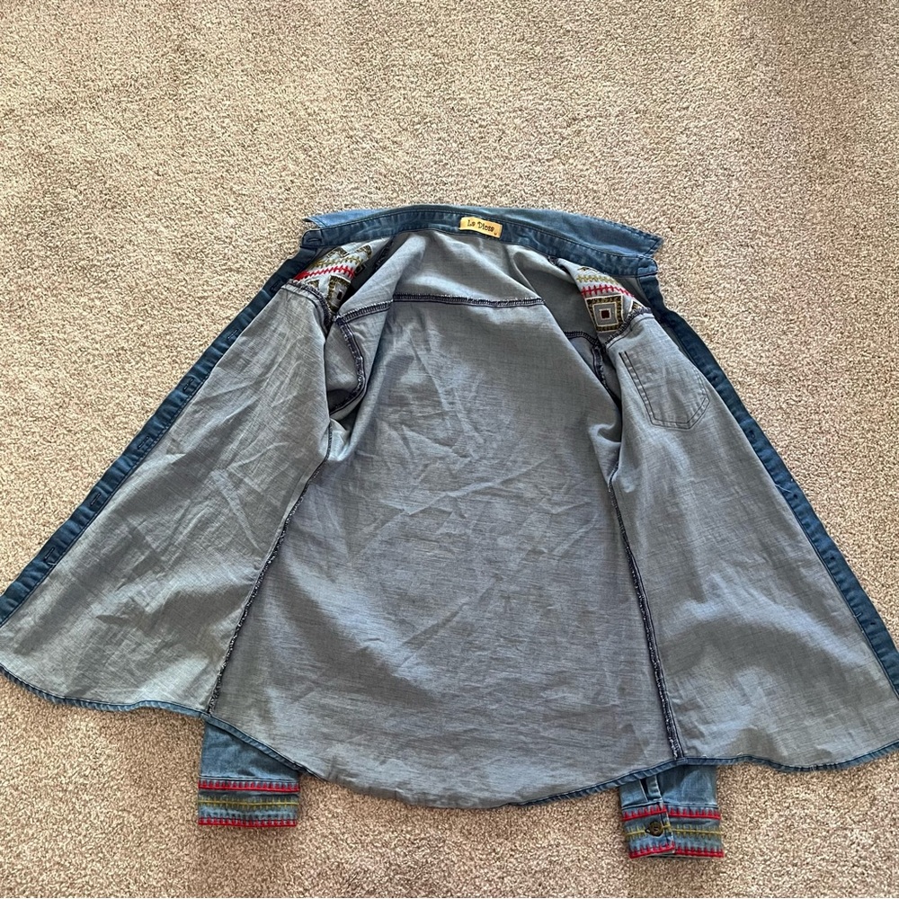 La Diosa Aztec Embroidered Denim Button-Up Long Sleeve Medium - Picture 7 of 11